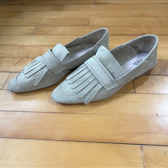 ZARA Beige Studded Suede Leather Pointy Toe Fringe Loafers - Picture 4 of 5